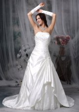 Modest A-line Strapless Wedding Dress Taffeta Appliques Court Train