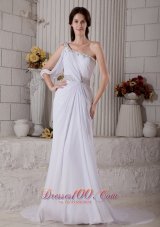 Elegant Column One Shoulder Beading Wedding Dress Court Train Chiffon