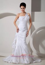Best Wedding Dress Mermaid One Shoulder Hand Made Flowers Court Train Taffeta