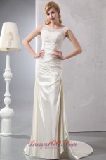 Beautiful Column Scoop Court Train Satin Lace Wedding Dress