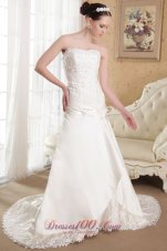 Affordable A-Line / Princess Strapless Brush Train Elastic Wove Satin Appliques Wedding Dress
