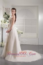 White Column Strapless Court Train Beading Organza Wedding Dress