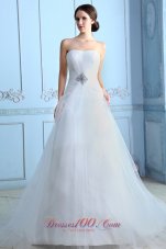 Pretty A-line Strapless Low Cost Wedding Dress Court Train Tulle Beading