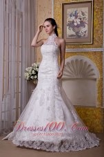 Custom Made Mermaid Halter Wedding Dress Taffeta and Lace Brush Train