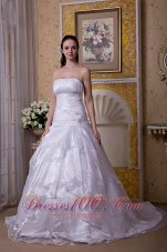 Modest A-line Strapless Court Train Taffeta and Organza Hand Made Flower Wedding Dress
