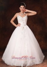 Spaghetti Straps Beaded Bowknot Customize Wedding Dress With Lace Tulle In Bay Saint Louis