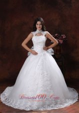 Custom Made High Neckline Wedding Dress With Chapel Train Lace Over Shirt In Cottonwood Arizona