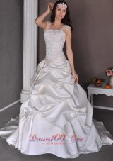 Romantic A-line Straps Chapel Train Taffeta Appliqes and Pick-ups Wedding Dress