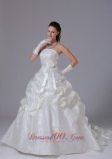 Stylish A-line Pick-ups Luxurious Wedding Dress With Sash Court Train