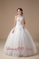 Best Ball Gown One Shoulder Floor-length Satin And Tulle Appliques Wedding Dress