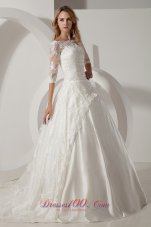 Perfect A-line Scoop Chapel Train Taffeta and Lace Wedding Dress