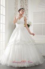 Ivory A-line V-neck Floor-length Organza Beading and Ruch Wedding Dress