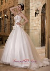 Elegant A-line Strapless Sweep Train Taffeta and Organza Beading Wedding Dress