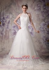Chic A-line / Princess Wedding Dress Halter Tulle Beading Chapel Train