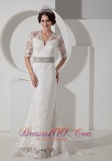 Informal Column V-neck Lace Wedding Dress Belt Brush Train