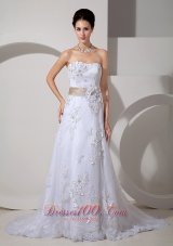 Customize Column Strapless Wedding Dress Court Train Satin Lace Belt