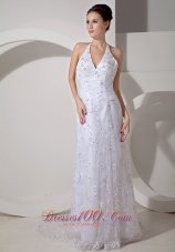 Beautiful Column Halter Court Train Lace Ruch Wedding Dress