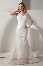 Elegant Mermaid V-neck Wedding Dress Court Train Taffeta and Lace