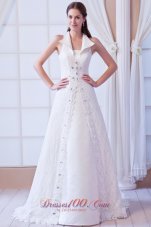 Affordable A-line Square Court Train Lace Beading Wedding Dress