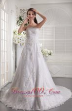 White A-line / Princess Strapless Chapel Train Satin and Lace Beading Wedding Dress