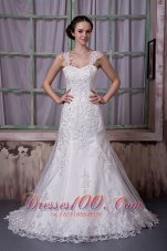 Luxurious A-line Straps Wedding Dress Taffeta and Lace Beading Court Train