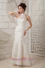 Customize Mermaid Wedding Dress High-neck Brush Train Lace Appliques