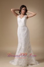 Cheap Column V-neck Brush Train Taffeta and Lace Wedding Dress