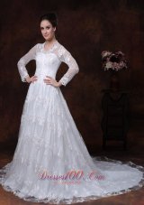 Lace A-Line / Princess V-neck Court Train Wedding Dress Long Sleeves Zipper-up