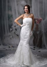 Beautiful Mermaid Strapless Lace Wedding Dress Chiffon Ruch Court Train