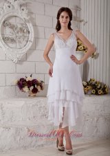 Customize Column V-neck Short Wedding Dress Chiffon Embroidery Tea-length