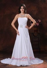 Surprise Arizona Chiffon White Beaded Decotare Sweetheart Low Cost Wedding Dress With Brush Train