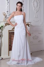 Elegant A-line / Princess One Shoulder Court Train Chiffon Beading and Ruch Wedding Dress