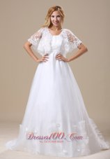 V-neck Custom Made Lace For Wedding Dress Short Sleeves Brush Train