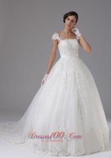Custom Made Ball Gown Wedding Dress In Auburn California Lace Sash Cap Sleeves Brush Train