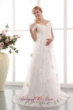 Modest A-line Off The Shoulder Maternity Wedding Dress Appliques and Hand Made Flowers Court Train Lace