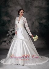 Pretty A-line V-neck Court Train Satin Lace Wedding Dress