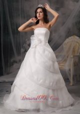 Affordable A-line Strapless Court Train Organza Hand made Flowers Wedding Dress