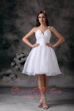 White A-line Halter Short Wedding Dress Organza Ruch Mini-length