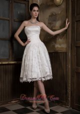 Cute A-line Strapless Knee-length Satin and Lace Wedding Dress