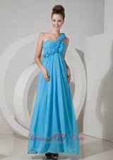 2013 Cheap Aqua Blue Empire One Shoulder Prom / Evening Dress Chiffon Hand Made Flowers Floor-length