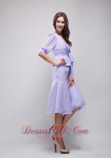 2013 Lavender Column V-neck Knee-length Chiffon Ruch Prom / Homecoming Dress