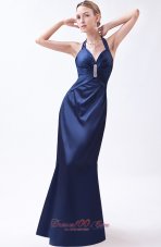 2013 Navy Blue Column Halter Prom Dress Taffeta Beading Floor-length