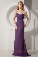 2013 Dark Purple Column Sweetheart Brush Train Chiffon Ruch Prom Dress