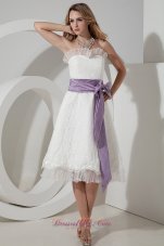 2013 Elegant A-line / Princess Strapless Short Wedding Dress Tea-length Lace Bow