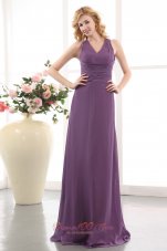 2013 Elegant Purple Empire V-neck Bridesmaid Dress Floor-length Chiffon Ruch