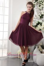 2013 Burgundy Empire High-neck Knee-length Chiffon Beading Bridesmaid Dress