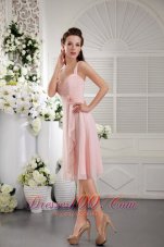 2013 Baby Pink A-Line / Princess Straps Tea-length Chiffon Hand Flower Bridesmaid Dress
