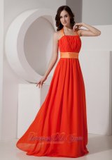Cheap Orange Halter Chiffon Prom Dress with Sashes / Ribbons