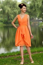 Cheap Orange Empire V-neck Knee-length Chiffon Ruch Bridesmaid Dress