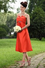 Cheap Orange A-line Straps Tea-length Taffeta Beading Bridesmaid Dress